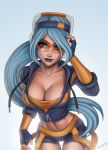  1girl alternate_costume blue_hair breasts cleavage goggles janna_windforce large_breasts league_of_legends lipstick navel solo 
