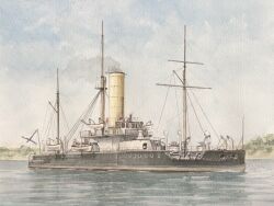  atelier_bono cannon highres imperial_russian_navy ironclad military_vehicle no_humans ocean original painting_(medium) petr_veliky_(1872) port ship smokestack traditional_media turret vehicle_focus warship watercolor_(medium) watercraft 