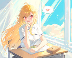  1girl :d arched_back blonde_hair blue_sky book breasts chair clouds collared_shirt cowboy_shot desk heart highres holding holding_pencil indoors jingburger long_hair looking_at_viewer medium_breasts ongya open_book pencil red_eyes school_desk shirt short_sleeves sitting sky smile solo thought_bubble virtual_youtuber waktaverse white_shirt window 