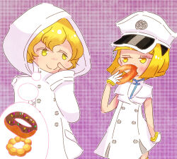  1boy 1girl :t arm_at_side bleach bleach:_sennen_kessen-hen blonde_hair blunt_bangs blunt_ends blush bob_cut buttons c: chibi chibi_only chocolate_doughnut closed_mouth coat commentary_request cowboy_shot doughnut dress eating eye_contact food gloves gremmy_thoumeaux hand_up hat highres holding holding_doughnut holding_food hood hood_up index_finger_raised jitome kabiko_dayo liltotto_lamperd looking_at_another military_hat purple_background short_hair simple_background sleeveless sleeveless_dress sleeves_past_wrists smile split_mouth straight_hair thought_bubble translated wavy_hair white_coat white_dress white_gloves white_hat wide_sleeves yellow_eyes 