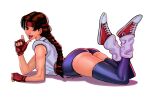  1girl :p ass braid breasts brown_eyes brown_hair calvin_sims commentary converse dougi elbow_rest fingerless_gloves full_body gloves headband highres leg_warmers legs_up looking_at_viewer lying on_stomach open_mouth shoes simple_background single_braid smile sneakers socks solo spandex the_king_of_fighters the_king_of_fighters_xv thigh-highs tongue tongue_out yuri_sakazaki 