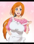  1girl apron bleach blue_eyes blush breasts inoue_orihime large_breasts long_hair milf orange_hair smile 