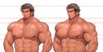  1boy bara facial_hair looking_away male_focus muscle nipples pecs smile solo 