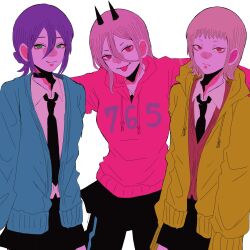  3girls arm_around_shoulder back black_horns black_necktie black_skirt blue_cardigan breasts cardigan chainsaw_man commentary frown green_eyes hair_between_eyes hashtag-only_commentary highres hood hoodie horns medium_breasts miniskirt multiple_girls necktie pants pants_under_skirt pink_hair pink_hoodie pink_sweater power_(chainsaw_man) purple_hair red_eyes reze_(chainsaw_man) sawatari_akane_(chainsaw_man) skirt smile sweater tongue tongue_out track_pants yellow_hoodie yuzuha_takamura 