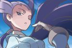  1girl breasts gloves gym_leader helmet long_hair mizutani_megumi nagi_(pokemon) pokemon pokemon_oras ponytail purple_hair sky solo violet_eyes wink 