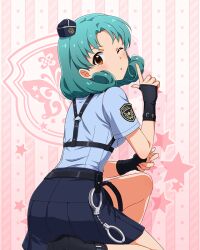  1girl belt black_belt black_gloves blue_hat blue_shirt blue_skirt blush breasts chest_harness concept_police_(idolmaster) cuffs curly_hair dot_nose emblem fingerless_gloves forehead from_behind garrison_cap garter_straps gloves green_hair handcuffs harness hat idolmaster idolmaster_million_live! idolmaster_million_live!_theater_days looking_back medium_breasts mini_hat o-ring o-ring_harness official_alternate_costume official_art on_one_knee one_eye_closed orange_eyes parted_bangs parted_lips pleated_skirt pointing pointing_up police police_badge police_uniform policewoman shirt short_hair short_sleeves skirt solo thigh_strap tilted_headwear tokugawa_matsuri uniform 