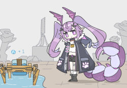  1girl arknights arthropod_girl black_coat black_footwear black_shorts boots coat commentary_request expressionless gameplay_mechanics grey_sky hair_ornament head_wings highres keirono long_hair looking_at_viewer machine manticore_(arknights) midriff pointy_ears purple_hair scorpion_girl scorpion_tail shirt shorts sky socks solo standing tail twintails violet_eyes water white_shirt white_socks wings 