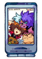  1boy 1other :p =_= black_shirt blush brown_eyes cellphone demon_wings dilated_pupils duel_academy_uniform_(yu-gi-oh!_gx) duel_monster flip_phone hair_between_eyes heads_together highres jacket long_sleeves multicolored_hair pharaoh_(cat) phone red_jacket shirt short_hair split-color_hair tawashipurin tongue tongue_out two-tone_hair upper_body winged_kuriboh wings yu-gi-oh! yu-gi-oh!_gx yubel yuki_judai 
