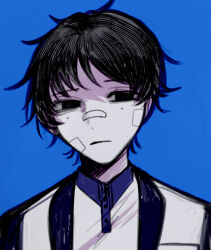  1boy bandage_on_face bandages bandaid bandaid_on_face bandaid_on_nose black_eyes black_hair blue_background chinese_commentary closed_mouth collared_shirt commentary_request frown jacket li_yuting_(male) mole mole_under_each_eye mole_under_eye multiple_moles muluo_cantu official_art open_clothes open_jacket portrait shirt short_hair simple_background solo touqi_guaitan white_jacket white_shirt 