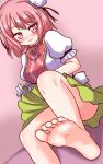  1girl akabashi bandage barefoot blush bun_cover feet from_below ibaraki_kasen looking_at_viewer pink_eyes pink_hair pov pov_feet short_hair skirt skirt_lift smile soles toes touhou 