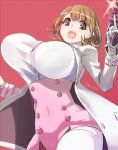  1girl ajino_(sakanahen) blonde_hair bouncing_breasts breasts brown_eyes brown_hair gun hair_ornament hairclip high-waist_skirt huge_breasts looking_at_viewer narusawa_ryouka occultic;nine open_mouth short_hair skirt smile solo unaligned_breasts weapon 