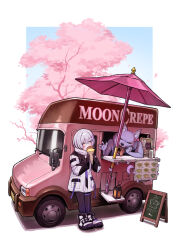  1girl absurdres animal black_gloves black_pantyhose blue_sky bone_hair_ornament boots bow branch cartoon_bone closed_eyes crescent eating flower food food_request food_truck gloves grey_hair hair_ornament highres holding holding_food jacket lantern long_sleeves nishikino_kee original pantyhose parasol pink_bow polka_dot polka_dot_bow purple_flower shadow sky solo tongue tongue_out umbrella white_background white_footwear white_jacket wide_sleeves wolf 