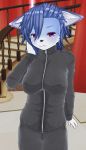  1girl 3d artist_request blue_hair breasts copyright_request female fox furry indoors red_eyes short_hair solo 