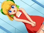  1girl blonde_hair blush capcom dress green_eyes konpeto ponytail ribbon rockman rockman_(classic) roll 