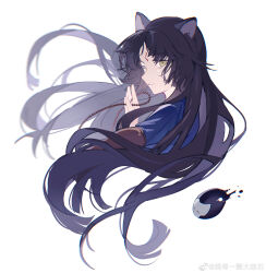  1girl absurdres animal_ears arknights beads between_fingers black_hair chinese_commentary chromatic_aberration closed_mouth commentary_request cropped_torso facial_mark floating_hair forehead_mark hand_up highres holding light_smile long_hair looking_at_viewer saga_(arknights) simple_background solo white_background wo_you_yike_dajieshi yellow_eyes 