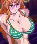 1girl bare_arms bare_shoulders bikini_top blush breasts cahlacahla cleavage highres large_breasts long_hair looking_at_viewer nami_(one_piece) one_piece orange_hair parted_lips raised_eyebrows red_eyes solo sweat sweating sweating_profusely upper_body 