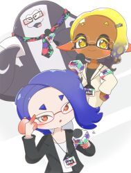  2girls :o adjusting_eyewear big_man_(splatoon) black_suit blue_hair blush c333mnno cephalopod_eyes closed_mouth colored_eyelashes commentary_request dark-skinned_female dark_skin dot_nose eyelashes frye_(splatoon) glasses hair_ornament hairclip hand_on_own_hip highres holding holding_microphone inkling lanyard long_hair long_pointy_ears manta_ray microphone multiple_girls octoling pants pointy_ears red_eyes red_pupils shirt shiver_(splatoon) short_eyebrows smile splatoon_(series) splatoon_3 star-shaped_pupils star_(symbol) suit sweat symbol-shaped_pupils tentacle_hair thick_eyebrows white_pants white_shirt white_suit yellow_pupils 