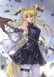  1girl absurdres ahoge arknights bare_shoulders belt black_dress black_gloves blonde_hair blurry blurry_background breasts debris double_bun dress gloves hair_bun hair_ornament hairclip highres holding holding_staff horns id_card jacket leizi_(arknights) long_hair looking_at_viewer medium_breasts off-shoulder_jacket off_shoulder open_mouth pantyhose pointy_ears short_dress sidelocks sleeveless sleeveless_dress solo staff standing tail thigh_belt thigh_strap thighs turmeric_mie violet_eyes white_jacket white_pantyhose 