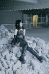  asian belt black_boots boots choker cosplay cross-laced_footwear dress edward_scissorhands edward_scissorhands_(cosplay) elbow_gloves gloves gothic knee_boots lace-up_boots long_hair makeup pale_skin photo scissors shoes sitting skirt solo thigh-highs 