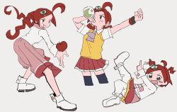  1girl aged_down aged_up ahoge andou_ringo apple arm_up black_thighhighs blush_stickers character_hair_ornament collared_shirt drill_hair drinking food frilled_skirt frills fruit green_eyes hair_ornament highres holding holding_food holding_fruit jacket long_hair long_skirt neckerchief oekipypy open_mouth pants pants_under_skirt pink_skirt pleated_skirt pointing purple_neckerchief puyopuyo puyopuyo_7 red_apple red_skirt redhead school_uniform shirt short_hair short_sleeves single_blush_sticker skirt smile star_(symbol) sweater_vest thigh-highs twin_drills white_footwear white_jacket white_pants wristband yellow_sweater_vest 