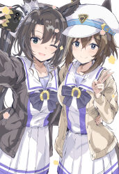  2girls animal_ears beret black_hair blue_eyes blush breasts brown_hair cellphone cheval_grand_(umamusume) collarbone commentary_request green_eyes hair_between_eyes hair_ornament hat highres horse_ears horse_girl kannagiray medium_breasts multiple_girls phone ribbon satono_crown_(umamusume) school_uniform selfie side_ponytail smile tracen_school_uniform twitter_username umamusume v white_background 