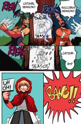 3girls absurdres animal_ears animal_hands b.b._hood bad_link basket big_hair blonde_hair blue_hair body_fur bridal_gauntlets capcom cat_ears cat_girl cat_paws cat_tail chakkrx commentary crossover darkstalkers demon_girl english_text felicia fur-trimmed_leotard fur_trim green_hair head_wings highres leotard looney_tunes morrigan_aensland multiple_girls off-shoulder_leotard pantyhose purple_pantyhose purple_wings red_hood sign tail tearing_paper tree white_fur wings