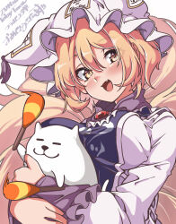  1girl :3 absurdres animal annoying_dog blonde_hair blush brooch dog fang fox_tail gokuu_(acoloredpencil) hat highres holding holding_animal holding_dog instrument jewelry kitsune long_sleeves looking_at_viewer maracas mob_cap multiple_tails short_hair skin_fang tabard tail touhou undertale upper_body white_background white_dog yakumo_ran yellow_eyes 