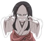  1girl angry black_hair claw_pose clenched_teeth female japanese_clothes long_hair miko pale_skin simple_background solo teeth white_background yamamoto_souichirou 