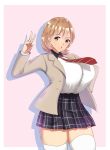  1girl black_eyes blonde_hair breasts female highres huge_breasts jacket looking_at_viewer miniskirt narusawa_ryouka necktie occultic;nine open_mouth rafu_(motrer1) shirt short_hair simple_background skirt solo standing thigh-highs thighs v white_gloves white_legwear white_shirt 