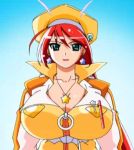  00s 1girl belt breasts cleavage earrings female glasses green_eyes hat huge_breasts indoors jacket jewelry lipstick long_hair magical_teacher_komachi makeup necklace nurse_witch_komugi-chan red_lips redhead smile solo star star_earrings star_necklace teacher upper_body 