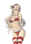  1girl athenawyrm breasts embarrassed female_my_unit_(fire_emblem_if) fire_emblem fire_emblem_if long_hair my_unit_(fire_emblem_if) navel red_eyes santa_costume solo white_hair 