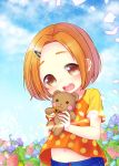  1girl :3 blush blush_stickers child day eyebrows flower holding idolmaster idolmaster_cinderella_girls looking_at_viewer navel open_mouth orange_eyes orange_hair outdoors polka-dot_shirt polka_dot ryuuzaki_kaoru solo stuffed_animal sunflower teddy_bear xenon_(simlacurm) 