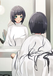  1girl alternate_hair_length alternate_hairstyle aqua_eyes barber_cape black_hair blunt_ends bob_cut commission d4dj from_behind front_and_back highres looking_at_mirror mirror mitarashi38o open_mouth plant severed_hair short_hair sitting skeb_commission togetsu_rei 