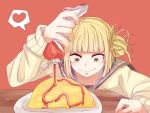  1girl bangs blonde_hair blunt_bangs boku_no_hero_academia cardigan double_bun food heart ketchup omurice school_uniform serafuku smile solo toga_himiko yellow_eyes 