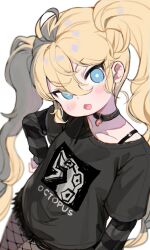 1girl absurdres ahoge arm_at_side black_choker black_shirt black_shorts black_t-shirt blonde_hair blue_eyes blush bra_strap bright_pupils choker commentary dot_nose dutch_angle fishnet_pantyhose fishnets hair_between_eyes hand_on_own_hip head_tilt highres kkaebing long_bangs long_hair long_sleeves looking_at_viewer original pantyhose print_shirt shirt short_shorts short_sleeves shorts sidelocks simple_background solo symbol-only_commentary t-shirt twintails v-shaped_eyebrows white_background white_pupils