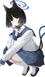  1girl absurdres an0_09 animal_ear_fluff animal_ears black_eyes black_hair black_nails blue_archive blue_halo blue_sailor_collar blue_skirt blush bob_cut bright_pupils cat_ears cat_girl cat_tail choker commentary_request dot_nose flip-flops full_body hair_intakes halo hand_out_of_frame hand_up highres kikyou_(blue_archive) kneehighs long_sleeves looking_at_viewer multiple_tails parted_lips pleated_skirt ribbon_choker sailor_collar sandals school_uniform serafuku short_hair simple_background skirt socks solo squatting straight_hair tail tail_raised tiptoes tsurime two_tails white_background white_pupils white_skirt white_socks 