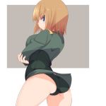  1girl ass blue_eyes blush brave_witches corset crossed_arms from_behind green_panties gundula_rall katuhata military military_uniform orange_hair short_hair strike_witches thighs underwear world_witches_series 