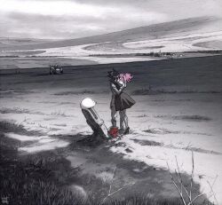  1boy 1girl anemone_(eureka_seven) anemone_(flower) commentary cover dominic_sorel dress dvd_cover english_commentary eureka_seven eureka_seven_(series) floating_hair flower grass greyscale gulliver_(eureka_seven) high_heels hug jacket long_hair monochrome motor_vehicle motorcycle mutual_hug official_art outdoors pants pink_hair pumps red_flower sidecar signature spot_color standing third-party_source tombstone village yoshida_ken&#039;ichi 