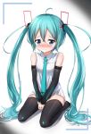  1girl ahoge akira_(been0328) aqua_eyes aqua_hair blush covering_crotch crying hatsune_miku looking_at_viewer necktie seiza simple_background sitting solo tears tied_hair twintails vocaloid 
