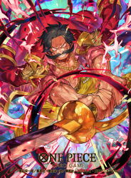  1boy abs aiming aiming_at_viewer beard beard_stubble black_hair coat commentary_request electricity epaulettes facial_hair gol_d._roger haki highres holding holding_sword holding_weapon jewelry long_mustache looking_at_viewer male_focus motion_lines mustache necklace official_art one_piece one_piece_card_game pants pink_shirt red_coat sash shirt short_hair smile solo stubble sword tapioka_chaso weapon yellow_pants yellow_sash 