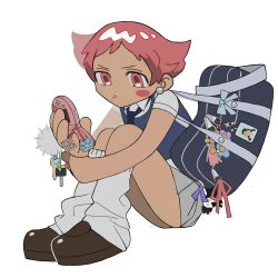  1girl :t badge bag bag_charm blue_necktie blue_vest blush_stickers brown_footwear candice_(pokemon) cellphone cellphone_charm charm_(object) closed_mouth cobble_badge collared_shirt earrings flip_phone full_body grey_skirt gym_leader_badge highres holding holding_phone icicle_badge jewelry loose_socks maylene_(pokemon) miniskirt necktie oimoimo_o0 pearl_earrings phone pink_eyes pink_hair pleated_skirt pokemon pokemon_dppt school_bag school_uniform shirt shoes short_hair short_sleeves simple_background sitting skirt socks solo v-shaped_eyebrows vest white_background white_shirt white_socks 