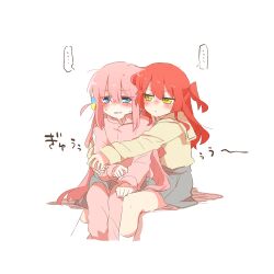  ... 2girls :t blue_eyes blush bocchi_the_rock! brown_sailor_collar brown_shirt closed_mouth cropped_legs cube_hair_ornament gotoh_hitori grey_skirt hair_ornament hug hug_from_behind jacket kita_ikuyo long_sleeves multiple_girls nose_blush one_side_up pants pants_under_skirt parted_lips pink_hair pink_jacket pink_pants pleated_skirt pout puffy_long_sleeves puffy_sleeves rebecca_(keinelove) redhead sailor_collar school_uniform serafuku shirt simple_background skirt sleeves_past_wrists small_sweatdrop socks spoken_ellipsis sweat track_jacket track_pants track_suit wavy_mouth white_background white_socks yellow_eyes yuri 