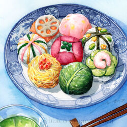  artist_name chopstick_rest chopsticks commentary_request food food_focus inaco no_humans onigiri original painting_(medium) plate rice shrimp signature still_life traditional_media watercolor_(medium) 