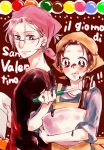  2boys apron aqua_eyes brown_eyes brown_hair chocolate cooking eyebrows food glasses gokudera_hayato handkerchief katekyo_hitman_reborn long_sleeves male_focus multiple_boys pixiv_id_3963172 plate rimless_glasses sawada_tsunayoshi silver_hair tongue upper_body valentines 