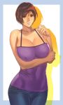  1girl breasts brown_hair cleavage homare_(fool&#039;s_art) large_breasts short_hair skin_tight solo 