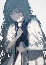  1girl absurdres blue_eyes blue_hair blurry blush clenched_hand closed_mouth cowboy_shot crying crying_with_eyes_open dress highres long_hair long_sleeves original solo takaya_riku teardrop tears white_background white_dress wispy_bangs 