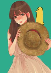  1boy 1girl brown_eyes brown_hair commentary_request dress green_background hat highres holding holding_hat holding_unworn_clothes onodera_punpun oyasumi_punpun smile tanaka_aiko unworn_hat unworn_headwear white_dress yuzuha_takamura 