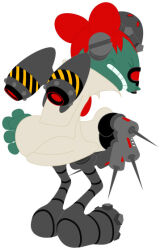  1boy arm_behind_back bolt_(hardware) closed_mouth collar colored_skin cool_cool_toon double_bun dr._stein_(cool_cool_toon) green_skin grey_hat gyoubu_ippei hair_bun half_updo hat high_collar jetpack legs_apart long_sleeves looking_at_viewer mad_scientist mechanical_hands mechanical_legs no_shoes no_socks official_art profile redhead scientist shirt simple_background single_mechanical_hand sleeves_past_wrists snk standing syringe tachi-e teeth white_background white_collar white_shirt white_sleeves 