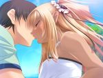  1boy 1girl blonde_hair breasts dark_skin futaba_lili_ramses game_cg hair_ornament hetero kiss lilith-soft long_hair short_hair sky small_breasts tentacle_and_witches tied_hair twintails 