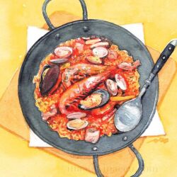  artist_name commentary_request food food_focus inaco mushroom mussel no_humans original paella painting_(medium) seafood shrimp signature still_life traditional_media watercolor_(medium) yellow_background 